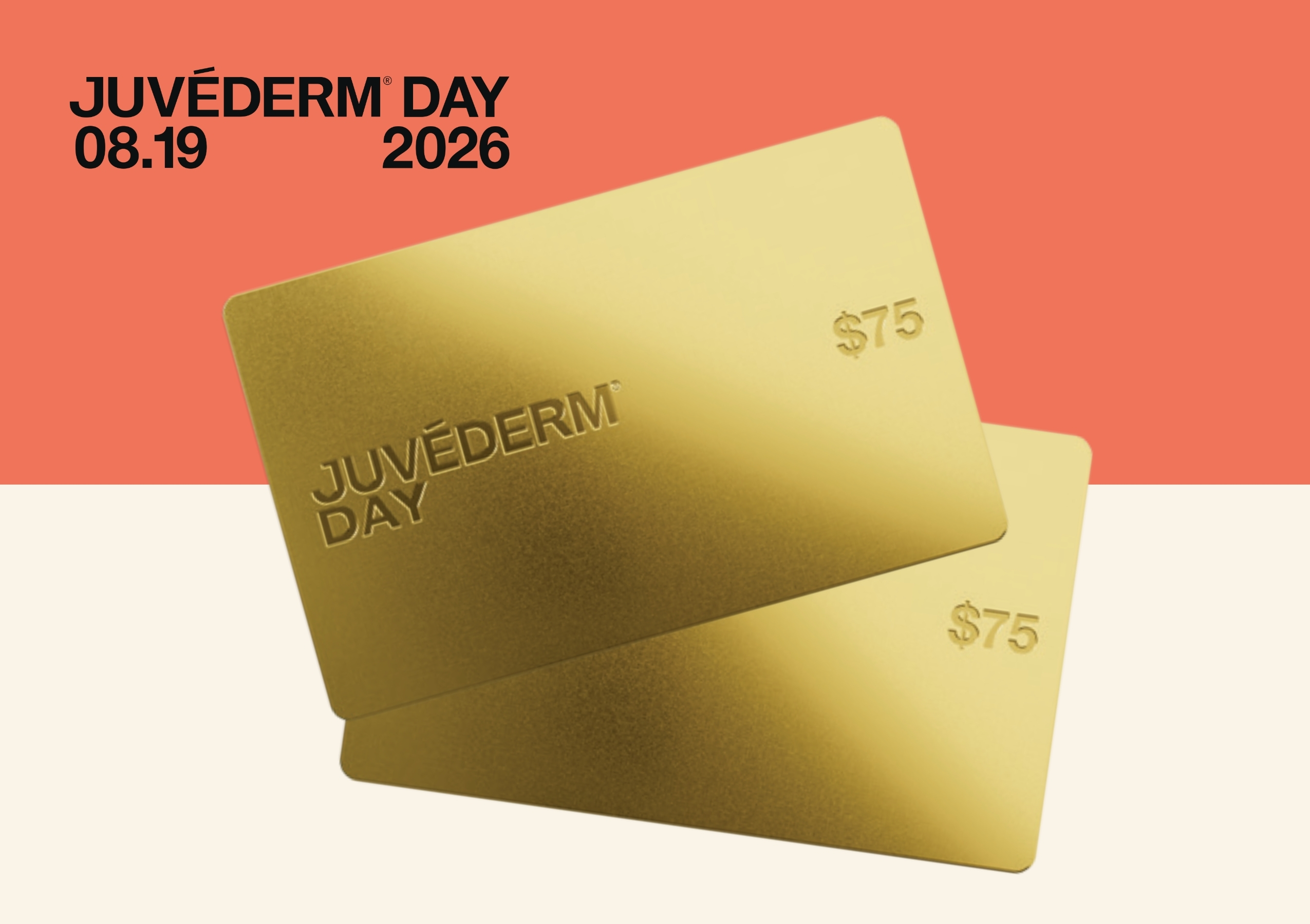 Juvederm advertisement offering $75 off your first treatment, shown with Juvederm product boxes on an orange background.
